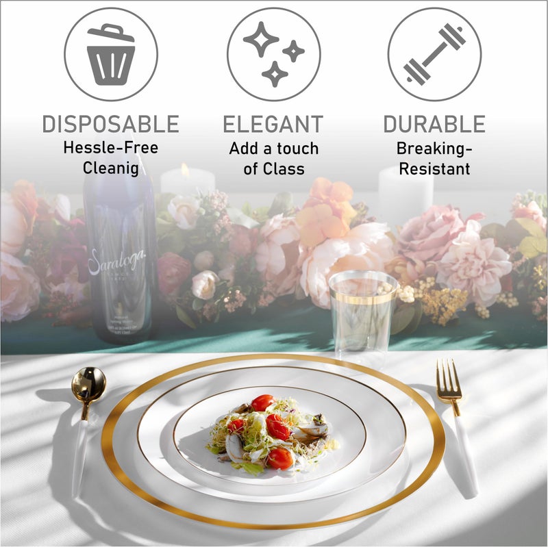 BloominGoods 100 قطعة مجموعة أدوات مائدة بيضاء | 50 طبق مقبلات/تحلية بحافة ذهبية (7.5 بوصة) و 50 طبق عشاء (10 بوصة) | أطباق بلاستيكية ثقيلة الاستخدام للتخلص منها لحفلات الزفاف والفعاليات - Image 5