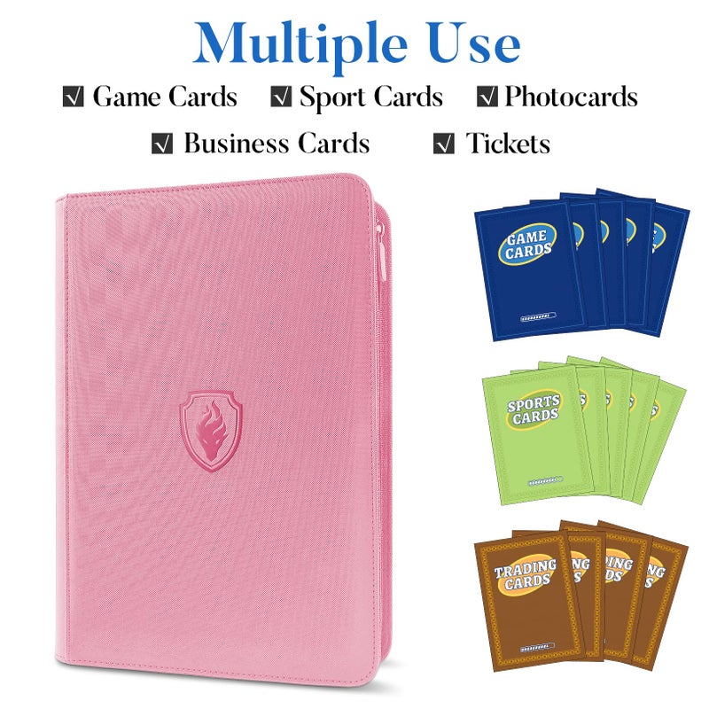 Fabmaker Premium Zip Card Binder, Fabmaker 9 Pocket Trading Card Binder, PU Cover Zipper Card Collection Album, Sturdy 360 Side-Loading Card Folder Holder for Game & Sports Cards, Pink - Image 3