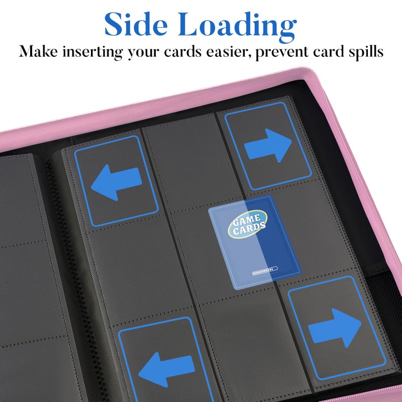 Fabmaker Premium Zip Card Binder, Fabmaker 9 Pocket Trading Card Binder, PU Cover Zipper Card Collection Album, Sturdy 360 Side-Loading Card Folder Holder for Game & Sports Cards, Pink - Image 5
