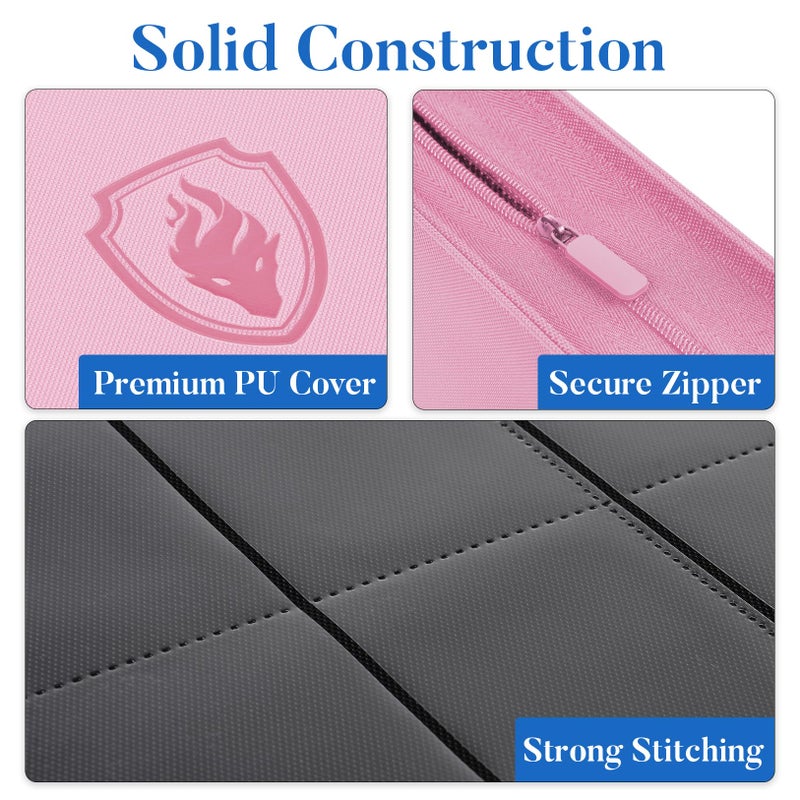 Fabmaker Premium Zip Card Binder, Fabmaker 9 Pocket Trading Card Binder, PU Cover Zipper Card Collection Album, Sturdy 360 Side-Loading Card Folder Holder for Game & Sports Cards, Pink - Image 2