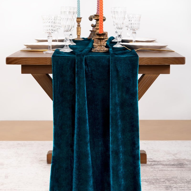 Socomi Peacock Velvet Valentine's Day Table Runner Cloth Decor 20 x 120 Inches 10ft Fabric Luxurious Thanksgiving Wedding Runner for New Year Bridal Shower - Image 2