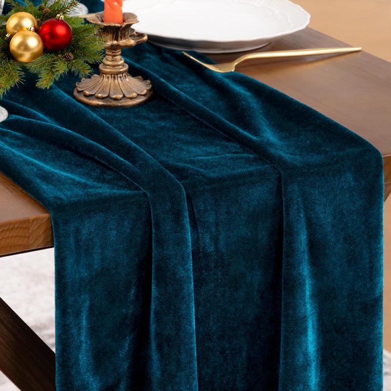 Socomi Peacock Velvet Valentine's Day Table Runner Cloth Decor 20 x 120 Inches 10ft Fabric Luxurious Thanksgiving Wedding Runner for New Year Bridal Shower - Image 1