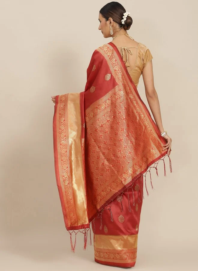 ISHIN Rust Orange & Golden Ethnic Motifs Zari Banarasi Saree