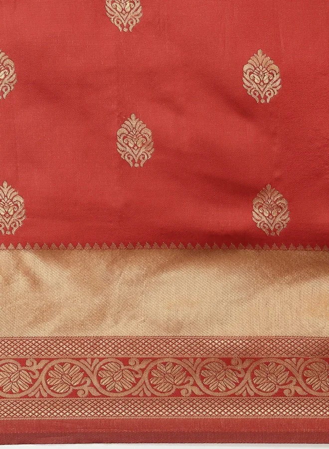 ISHIN Rust Orange & Golden Ethnic Motifs Zari Banarasi Saree
