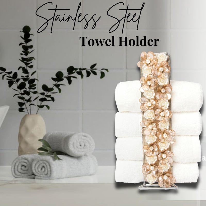 PRET HOMES Stainless Steel Base Towel Holder | White & Brown Flower Towel Stand for Bathroom & Powder Rooms | Holds 4-6 Towels | Versatile Napkin Holder for Washbasin - Image 2
