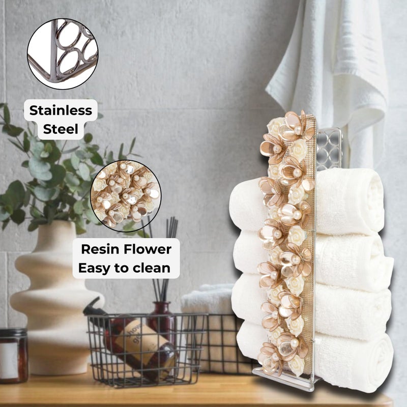 PRET HOMES Stainless Steel Base Towel Holder | White & Brown Flower Towel Stand for Bathroom & Powder Rooms | Holds 4-6 Towels | Versatile Napkin Holder for Washbasin - Image 3