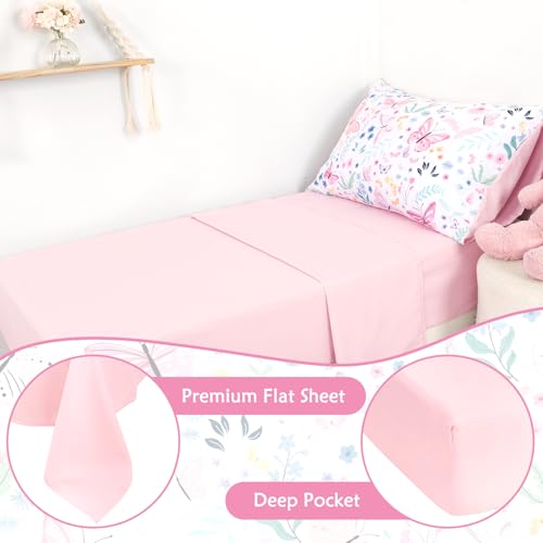 Jundetye Toddler Bedding Set for Girls 4 Pieces Butterfly, Soft Breathable Toddler Comforter Set, Flower Print, Includes Reversible Comforter, Fitted Sheet and Flat Sheet, Pillowcase - Image 3
