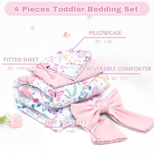 Jundetye Toddler Bedding Set for Girls 4 Pieces Butterfly, Soft Breathable Toddler Comforter Set, Flower Print, Includes Reversible Comforter, Fitted Sheet and Flat Sheet, Pillowcase - Image 5