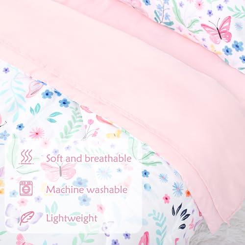 Jundetye Toddler Bedding Set for Girls 4 Pieces Butterfly, Soft Breathable Toddler Comforter Set, Flower Print, Includes Reversible Comforter, Fitted Sheet and Flat Sheet, Pillowcase - Image 2