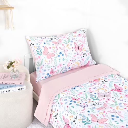 Jundetye Toddler Bedding Set for Girls 4 Pieces Butterfly, Soft Breathable Toddler Comforter Set, Flower Print, Includes Reversible Comforter, Fitted Sheet and Flat Sheet, Pillowcase - Image 4