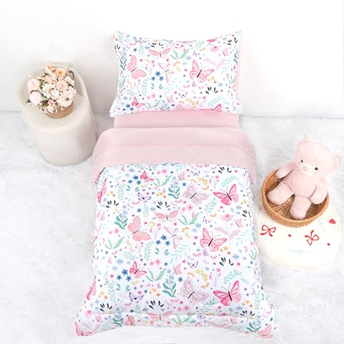 Jundetye Toddler Bedding Set for Girls 4 Pieces Butterfly, Soft Breathable Toddler Comforter Set, Flower Print, Includes Reversible Comforter, Fitted Sheet and Flat Sheet, Pillowcase - Image 1