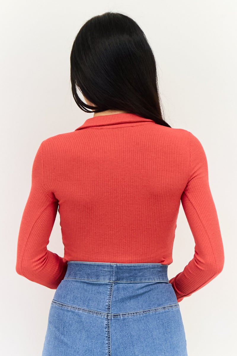 Bershka Women V Neck Long Sleeve Ribbed Bodysuit, Red - Image 3