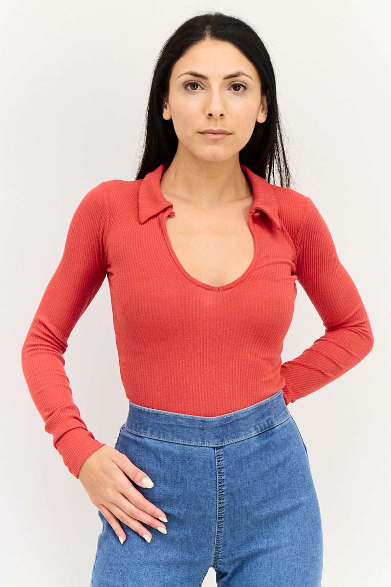 Bershka Women V Neck Long Sleeve Ribbed Bodysuit, Red - Image 1