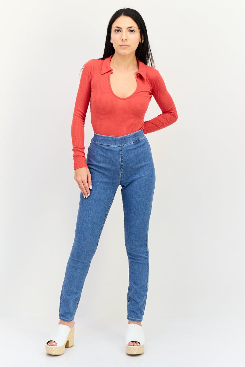 Bershka Women V Neck Long Sleeve Ribbed Bodysuit, Red - Image 4