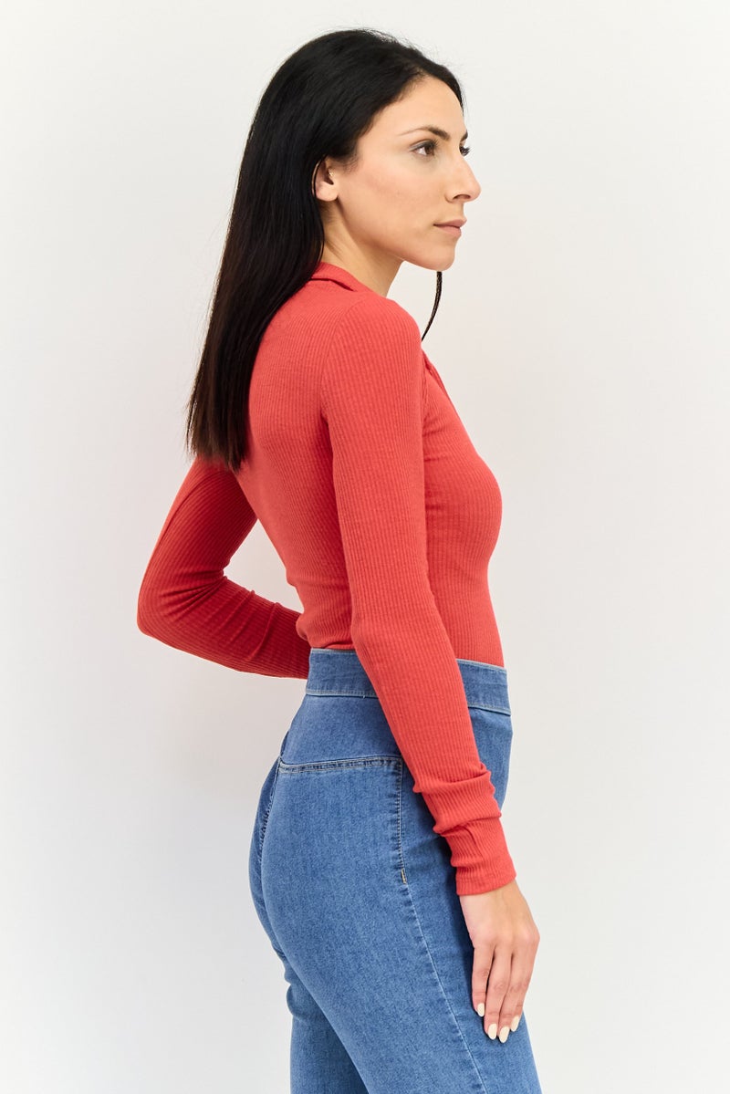 Bershka Women V Neck Long Sleeve Ribbed Bodysuit, Red - Image 2