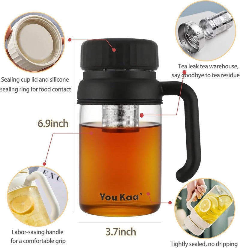 wangsdjy 32oz Glass Water Bottle, Tea Bottle with Infuser & Handle, BPA-Free Leakproof Wide Mouth Large Tea Infuser Bottle for Hot or Cold Drinks, Loose Tea, Fruit (Black) - Image 2