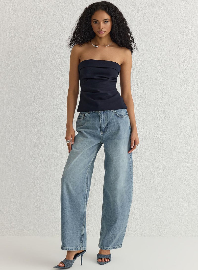 trendyol Dark Navy Blue Strapless Draped Blouse - Twoss24Bz00348 - Image 2