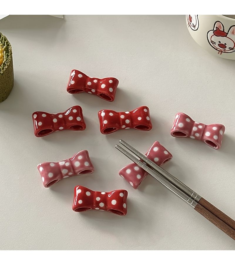 2pcs Pink Ceramic Bow Shaped Pen And Chopstick Holder - Image 1
