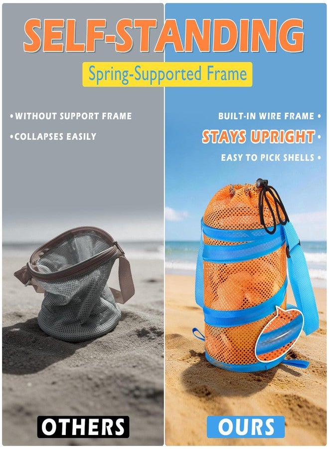 WAWSAM Kids Mesh Beach Bag Set, 2 PCS Sea Shell Bag for Beach, Kids Beach Essentials Shell Collecting Bag for Boys Girls Beach must Haves for Kids with Adjustable Straps (Orange + Green) - Image 2