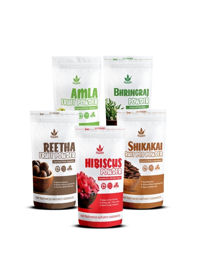 Havintha Amla, Reetha, Shikakai, Bhringraj & Hibiscus Powder For Hair Care | All Hair Type Wash, Healthy Scalp, Nourishment, Mask, Control Dandruff, Hairfall | 100Gram Each (Pack Of 5) (Total 500g) - Image 1