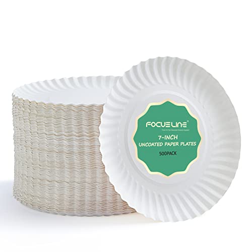 FOCUSLINE 7 Inch White Paper Plates Uncoated Paper Plate Everyday Disposable Dessert Plates 7 Plate Bulk Pack of 500 Count