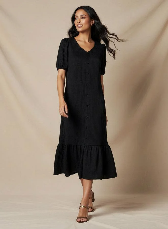 Splash FAV Textured Midi Shirt Dress with Puff Sleeves