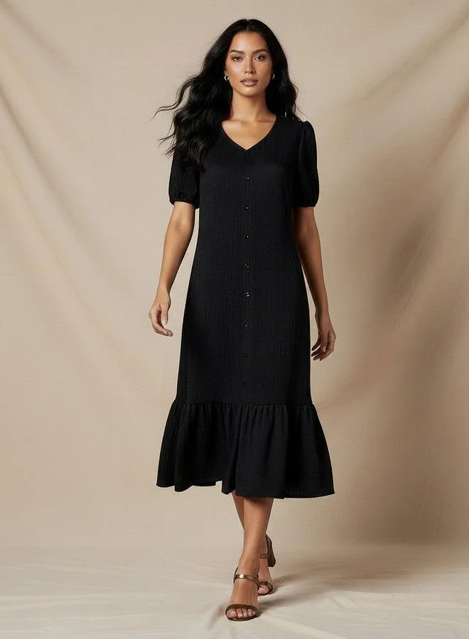Splash FAV Textured Midi Shirt Dress with Puff Sleeves