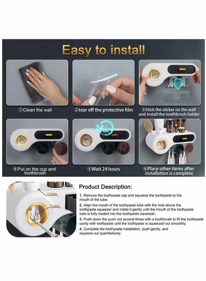 SYOSI Toothbrush Holder with Toothpaste Dispenser, Multifunctional Wall Mounted Space-Saving Automatic Toothpaste Dispenser, with 2 Cups, 4 Toothbrush Slot, and Storage Drawer - Image 4