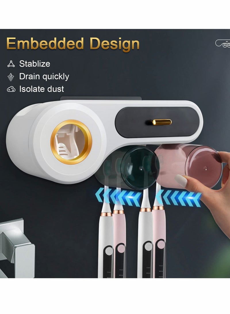 SYOSI Toothbrush Holder with Toothpaste Dispenser, Multifunctional Wall Mounted Space-Saving Automatic Toothpaste Dispenser, with 2 Cups, 4 Toothbrush Slot, and Storage Drawer - Image 3
