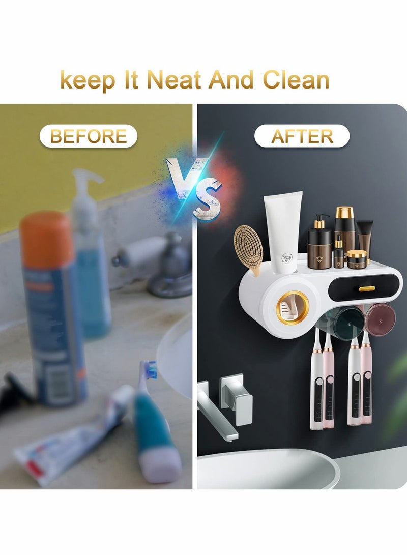 SYOSI Toothbrush Holder with Toothpaste Dispenser, Multifunctional Wall Mounted Space-Saving Automatic Toothpaste Dispenser, with 2 Cups, 4 Toothbrush Slot, and Storage Drawer - Image 2