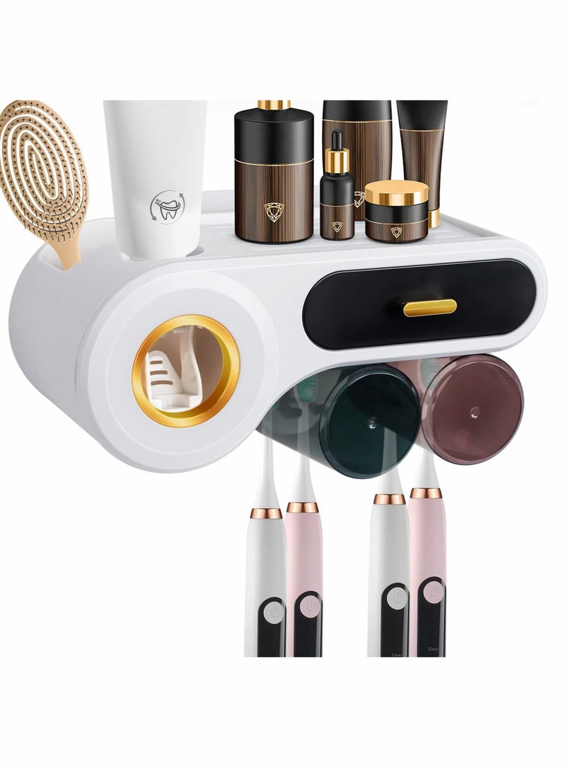 SYOSI Toothbrush Holder with Toothpaste Dispenser, Multifunctional Wall Mounted Space-Saving Automatic Toothpaste Dispenser, with 2 Cups, 4 Toothbrush Slot, and Storage Drawer - Image 1