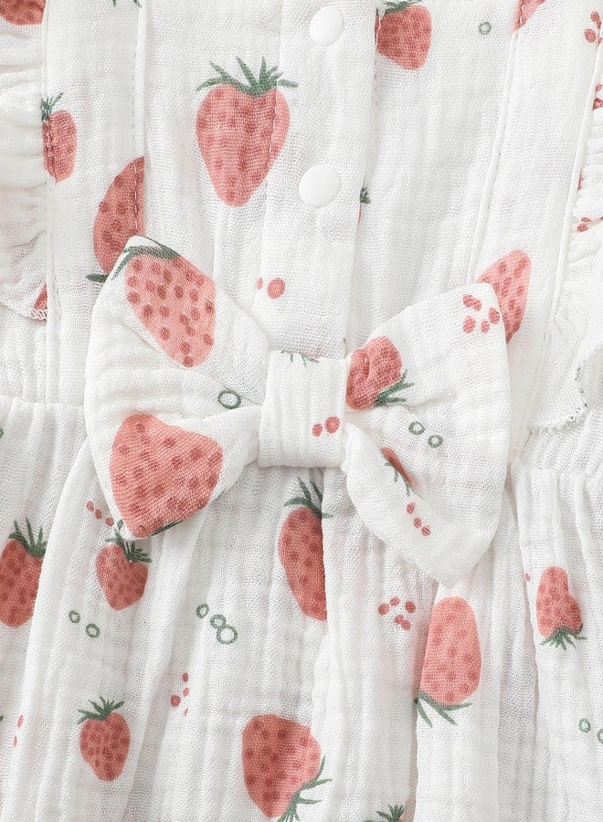 Renotemy Baby Girl Newborn Clothes Infant Summer Outfits Bubble Romper Cotton Linen Strawberry Sleeveless Bodysuit Jumpsuit with Hat&Headband Baby Shower Gifts Coming Home Outfit for 0-3 Months Girls - Image 4
