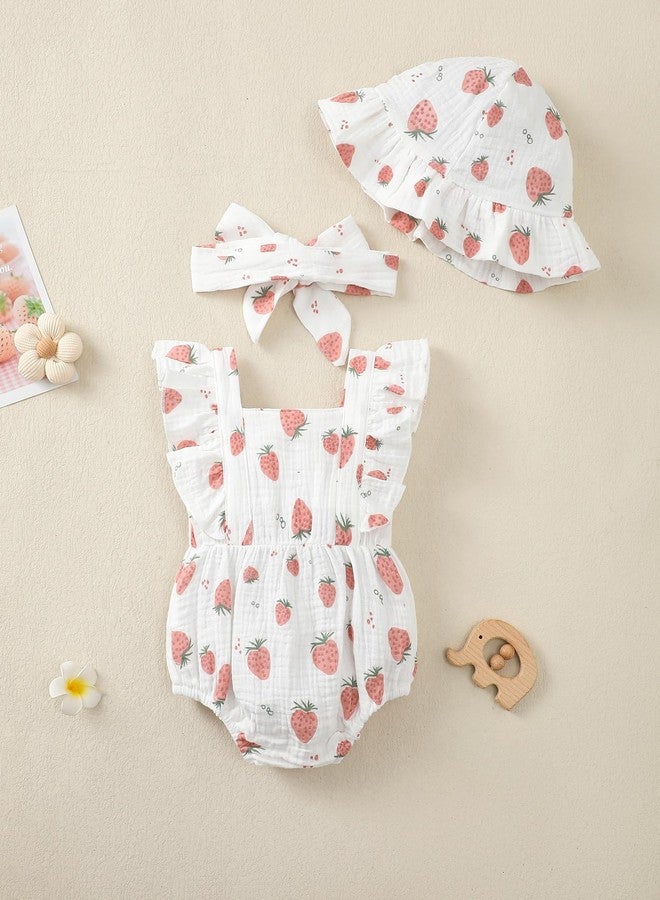 Renotemy Baby Girl Newborn Clothes Infant Summer Outfits Bubble Romper Cotton Linen Strawberry Sleeveless Bodysuit Jumpsuit with Hat&Headband Baby Shower Gifts Coming Home Outfit for 0-3 Months Girls - Image 3