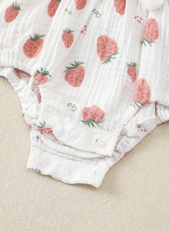 Renotemy Baby Girl Newborn Clothes Infant Summer Outfits Bubble Romper Cotton Linen Strawberry Sleeveless Bodysuit Jumpsuit with Hat&Headband Baby Shower Gifts Coming Home Outfit for 0-3 Months Girls - Image 5