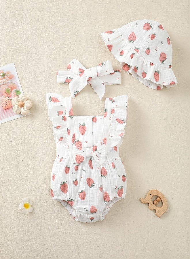 Renotemy Baby Girl Newborn Clothes Infant Summer Outfits Bubble Romper Cotton Linen Strawberry Sleeveless Bodysuit Jumpsuit with Hat&Headband Baby Shower Gifts Coming Home Outfit for 0-3 Months Girls - Image 2
