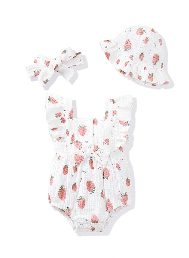 Renotemy Baby Girl Newborn Clothes Infant Summer Outfits Bubble Romper Cotton Linen Strawberry Sleeveless Bodysuit Jumpsuit with Hat&Headband Baby Shower Gifts Coming Home Outfit for 0-3 Months Girls - Image 1