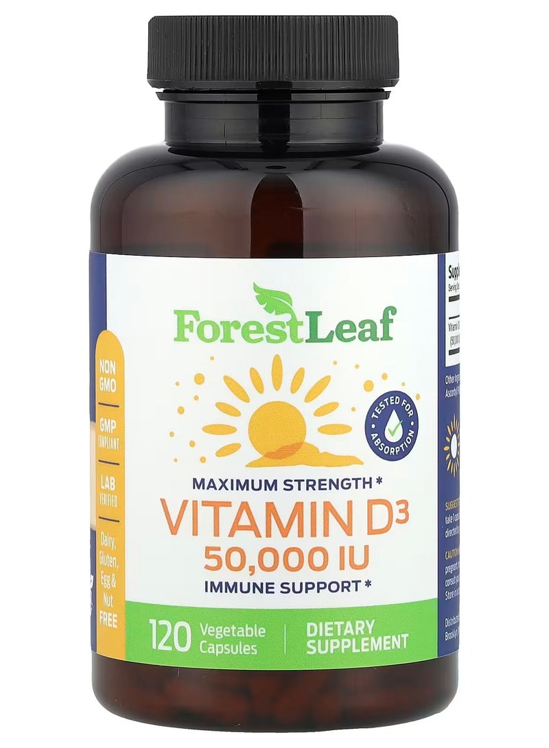 ForestLeaf Maximum Strength, Vitamin D3, 50,000 IU, 120 Vegetable Capsules - Image 1