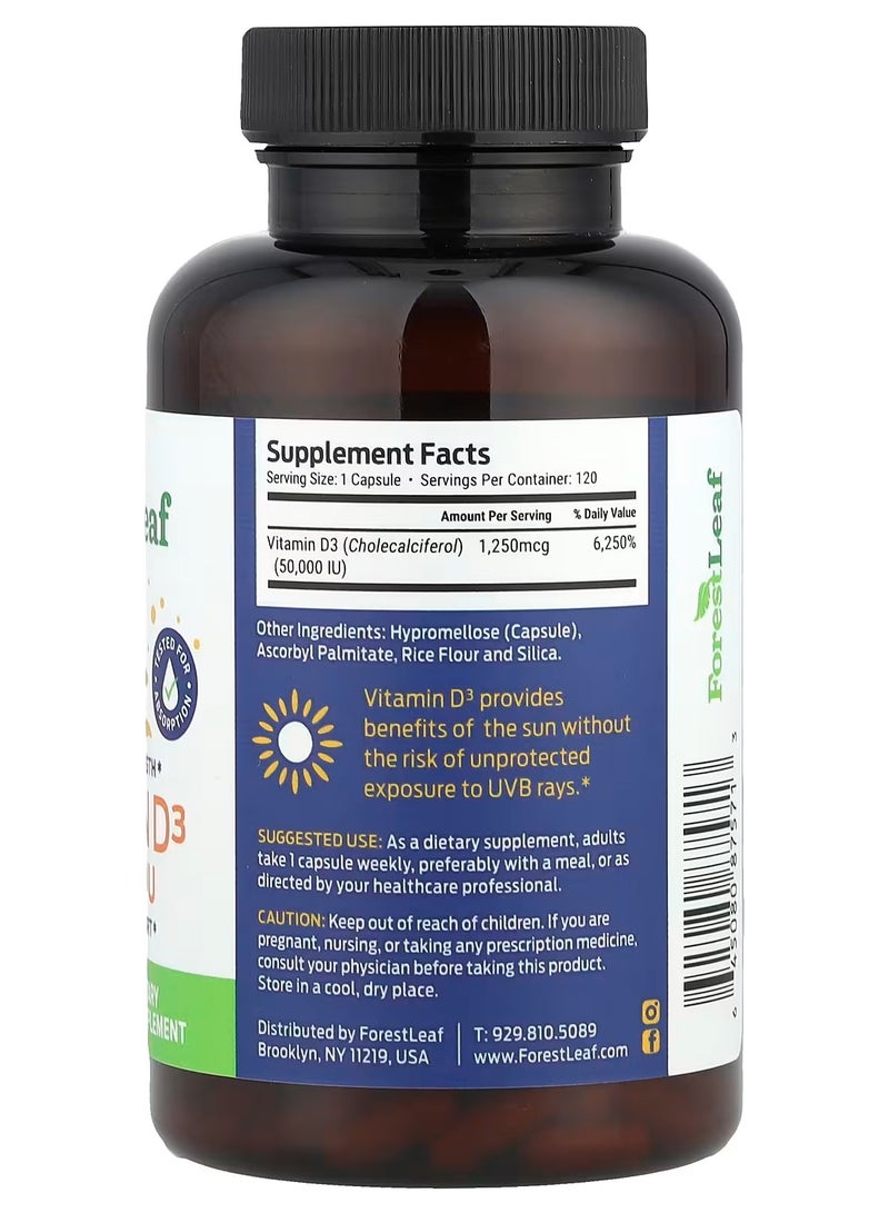 ForestLeaf Maximum Strength, Vitamin D3, 50,000 IU, 120 Vegetable Capsules - Image 2