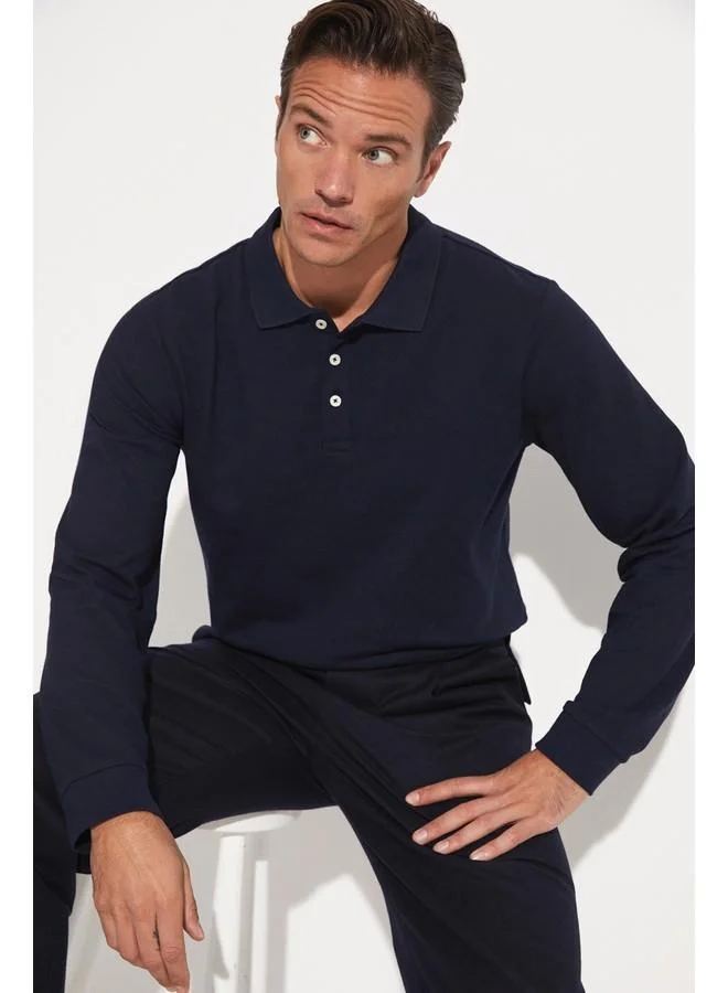 JUNE June Men Regular Fit Long Sleeve Polo Neck Tshirt Dark Navy