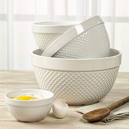TTU Tabletops Gallery Hobnail Style 4 Piece Classic White Stoneware Nesting Mixing Bowl Set for Baking and Cooking - Image 5