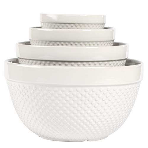 TTU Tabletops Gallery Hobnail Style 4 Piece Classic White Stoneware Nesting Mixing Bowl Set for Baking and Cooking - Image 1