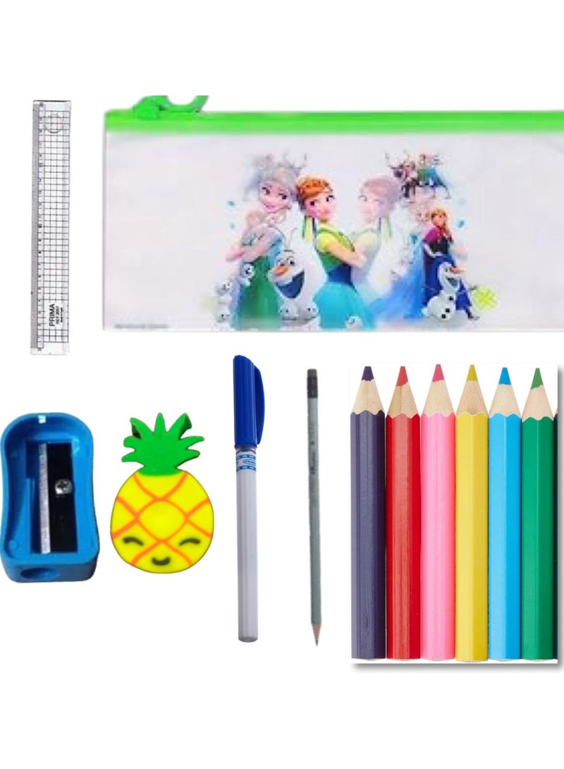 12-piece school supplies set (pencil case + 6 wooden colors + pencil + pen + ruler + eraser + sharpener) - Image 1