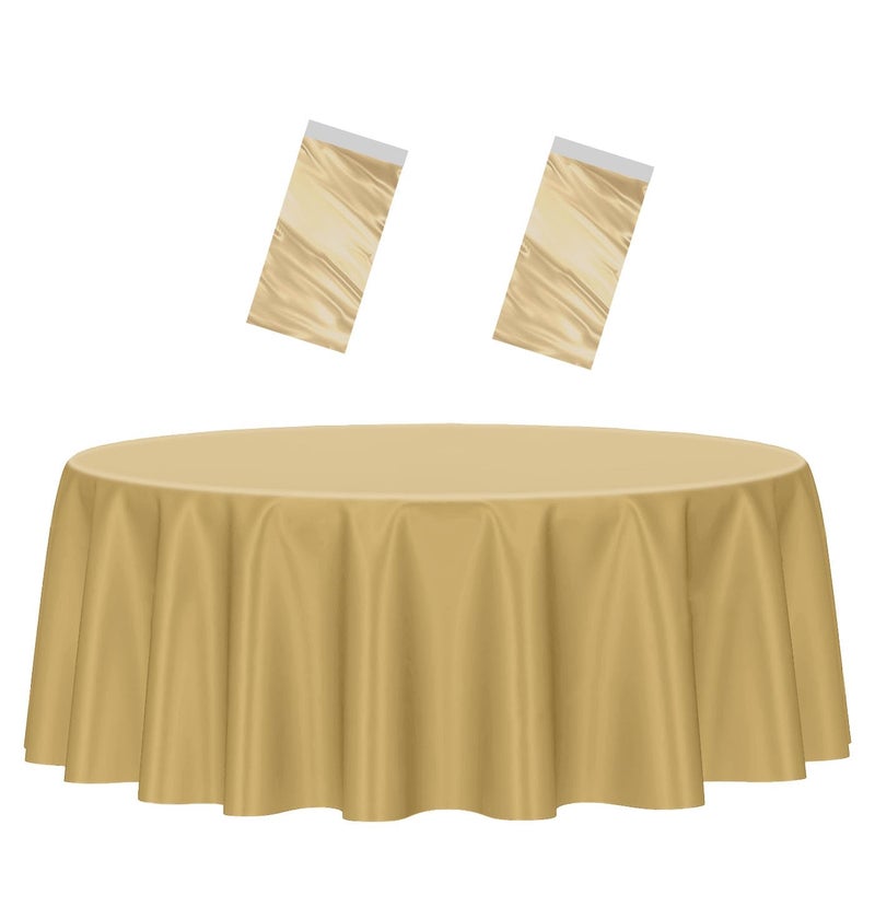 HEIPINIUYE 2 Pack Gold Tablecloth Round 84 Inch Round Plastic Table Cloth Waterproof Disposable Round Table Cover for Party Birthday Camping Picnic Baby Shower Circle Tablecloth - Image 1
