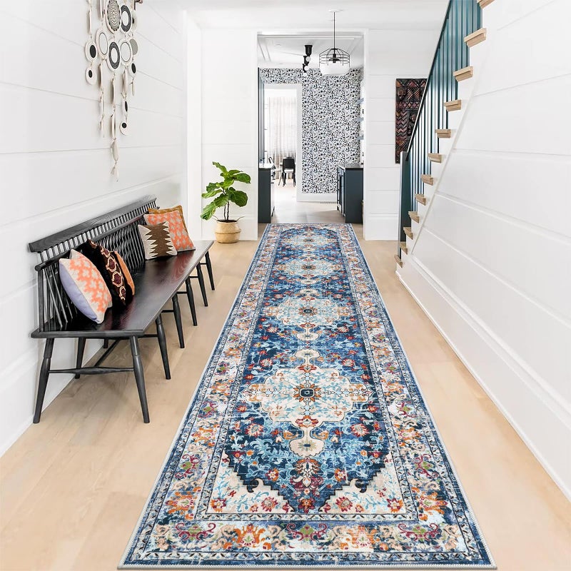 UArtlines 2 x 10 Boho Hallway Runner Rug Non Slip Washable Vintage Farmhouse Accent Area Rug Carpet for Kitchen Entryway Laundry and Living Room Blue