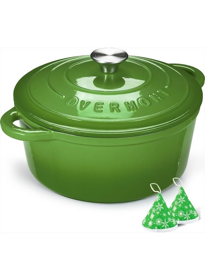 Overmont Enameled Cast Iron Dutch Oven - 5.5QT Pot with Lid Cookbook & Cotton Potholders - Heavy-Duty Cookware for Braising, Stews, Roasting, Bread Baking green  - Image 1