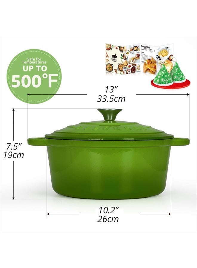 Overmont Enameled Cast Iron Dutch Oven - 5.5QT Pot with Lid Cookbook & Cotton Potholders - Heavy-Duty Cookware for Braising, Stews, Roasting, Bread Baking green  - Image 2