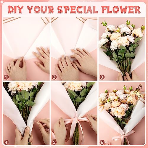 KFPPLXQ Rose Flower Wrapping Paper Set 60 Sheets 22.8IN Waterproof Floral Wrapping Paper with 3 Rolls of Ribbon and Pins 3D Butterflies Bouquet Packaging for Mother's Day Flower Shop - Image 5