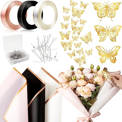 KFPPLXQ Rose Flower Wrapping Paper Set 60 Sheets 22.8IN Waterproof Floral Wrapping Paper with 3 Rolls of Ribbon and Pins 3D Butterflies Bouquet Packaging for Mother's Day Flower Shop - Image 1
