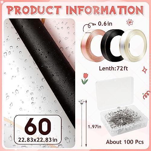 KFPPLXQ Rose Flower Wrapping Paper Set 60 Sheets 22.8IN Waterproof Floral Wrapping Paper with 3 Rolls of Ribbon and Pins 3D Butterflies Bouquet Packaging for Mother's Day Flower Shop - Image 2