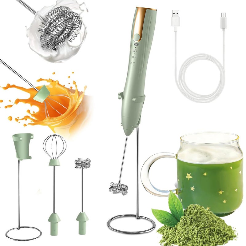 Find-In-Find Rechargeable Milk Frother Handheld with Stand Coffee Foam Frother Wand Detachable Stainless Steel Whisk Drink Mixer for Coffee Cappuccino Lattes Frappe MatchaEgg and Hot Chocolate Green - Image 2